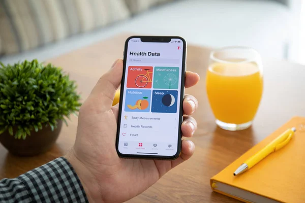 Man hand holding iPhone X with app Health Data — Stok Foto