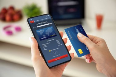 Kadın elleri telefon uygulamasını online alışveriş ve kredi kartı ile tutuyor 
