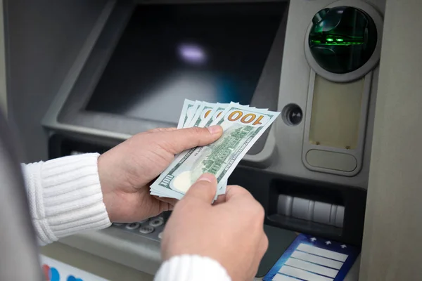 Male Hands Hold Money Dollars Received Atm — Stock Photo, Image