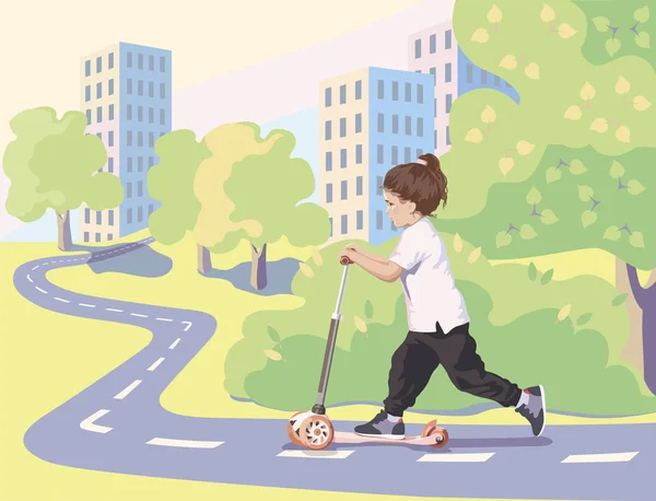 Uma criança monta uma scooter em um caminho de bicicleta —  Vetores de Stock