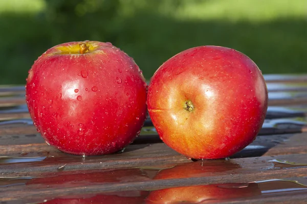 Pommes rouges reposent sur un banc en bois — Photo