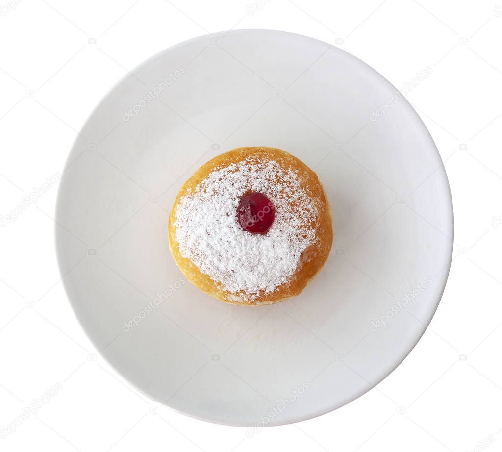 Sweet donut on a white plate shot from above