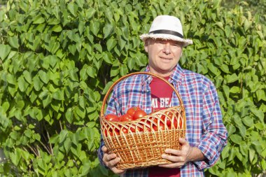 Elinde bir sepet sebze tutan çiftçi.