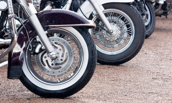 Motorcycle Wheels Wet Rain Parking Lot — Stock Photo, Image