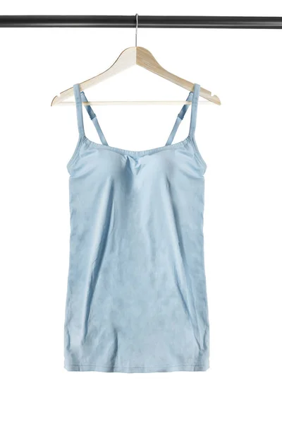 Blue Basic Tank Top Hanging Wooden Clothes Rack Isolated White — Stock Photo, Image
