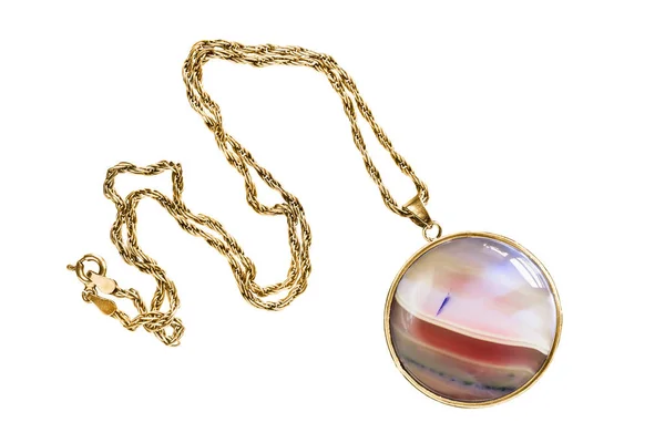 Elegant Large Pink Mineral Pendant Gold Chain Isolated White — Stock Photo, Image