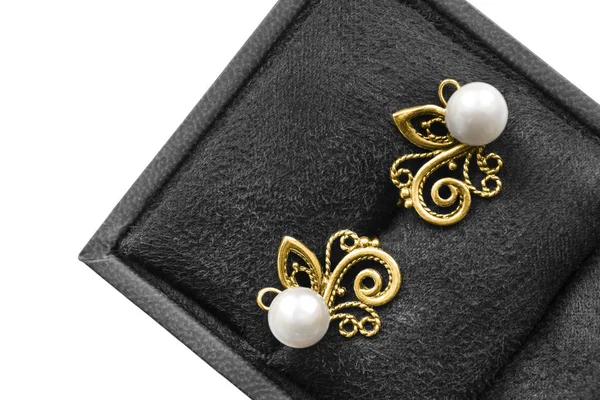 Beautiful White Pearl Gold Earrings Black Jewel Box White Background — Stock Photo, Image