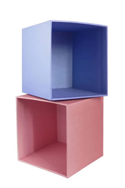 Blue Pink Empty Carton Cube Boxes Isolated White — Stock Photo, Image