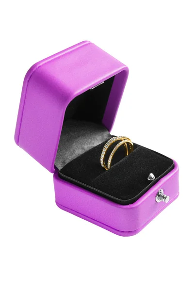 Guld Ring Med Diamanter Rosa Juvel Box Vit Bakgrund — Stockfoto