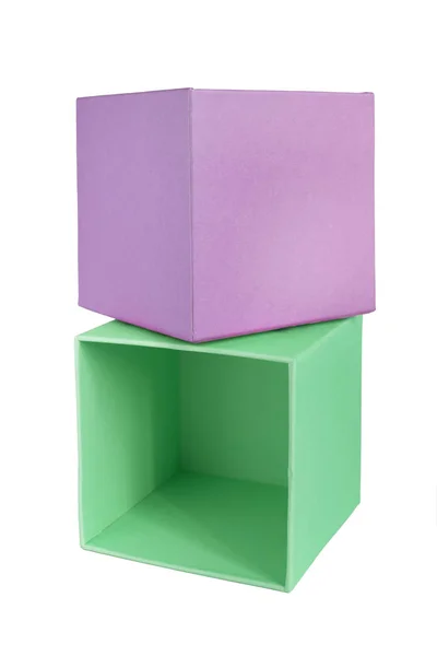 Green Purple Empty Carton Boxes Isolated White — Stock Photo, Image