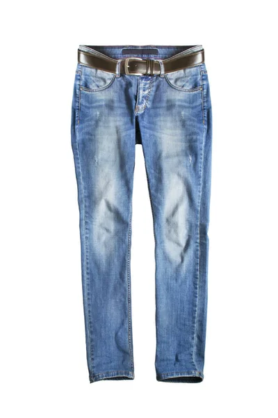 Basic Blauwe Jeans Met Leren Riem Geïsoleerd Wit — Stockfoto