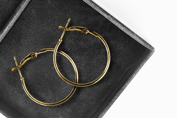 Pair Elegant Gold Earrings Jewel Box Closeup — Stock Photo, Image