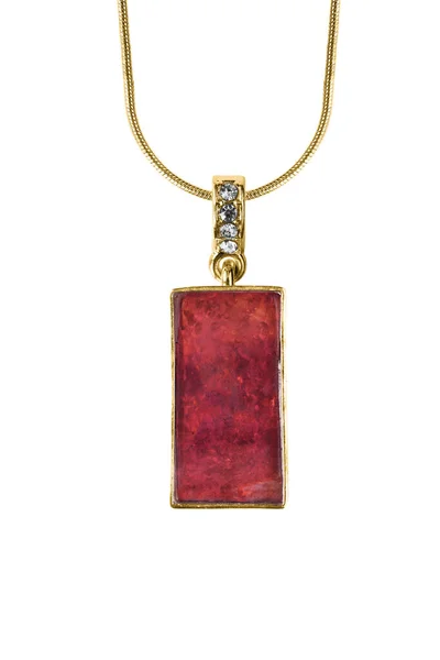 Vintage Red Mineral Pendant Hanging Gold Chain White Background — Stock Photo, Image