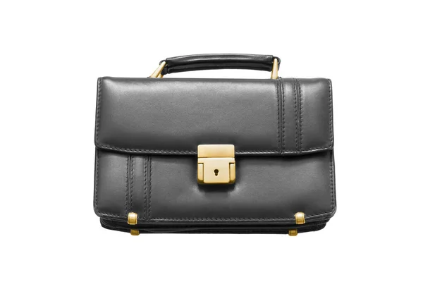Elegante Zwarte Leren Handtas Met Gouden Details Geïsoleerd Wit — Stockfoto