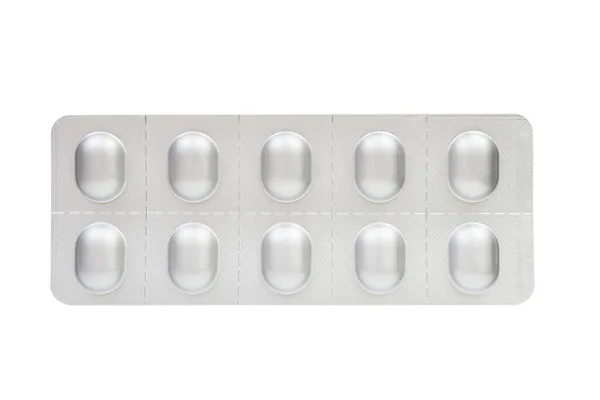 Plaquette Thermoformée Pilules Couleur Argent Sur Fond Blanc — Photo