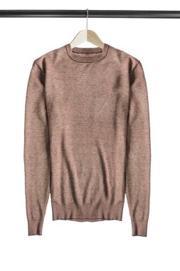 Temelde kahverengi kazak ahşap elbise askısında asılı beyaz üzerinde izole