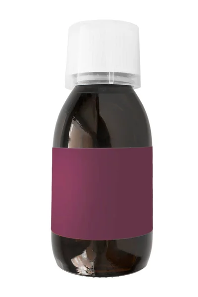 Bruine Hoestsiroop Fles Witte Achtergrond — Stockfoto