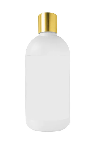 Bianco Bottiglia Shampoo Bianco Con Tappo Oro Isolato Bianco — Foto Stock