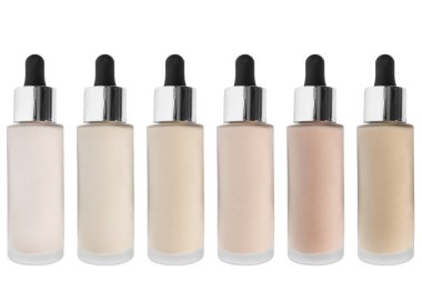 Beyaz üzerine izole edilmiş sıvı mat temel şişeleri paleti