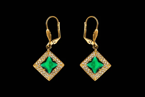 Pair Elegant Emerald Gold Earrings Diamonds Black Background — Stock Photo, Image