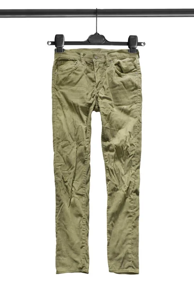Green Khaki Crumpled Pants Hanging Clothes Rack Isolated White — Stock Photo, Image