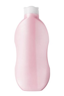 Beyaz üzerine izole edilmiş pembe plastik kozmetik şişe.