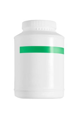 Beyaz arka planda boş beyaz plastik tıbbi kavanoz