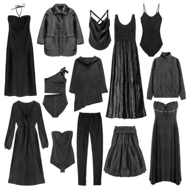 Black clothes collections on white background clipart
