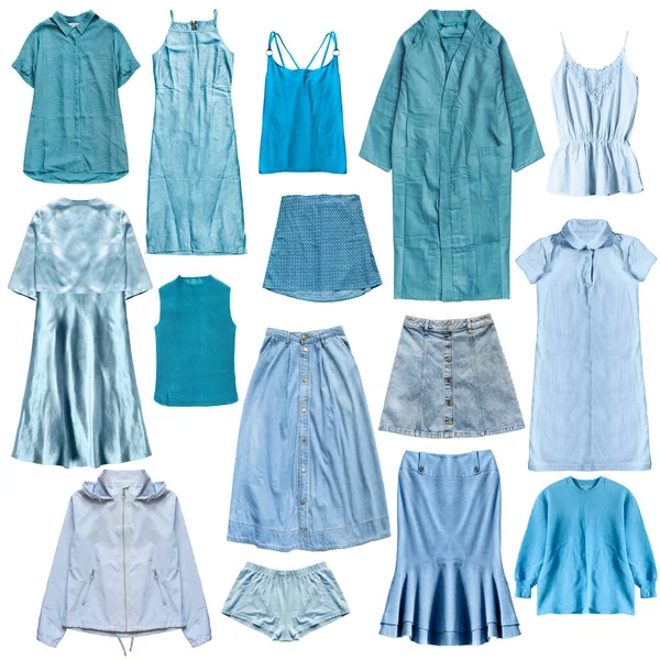 Collection Vêtements Femme Bleu Isolé Sur Blanc — Photo