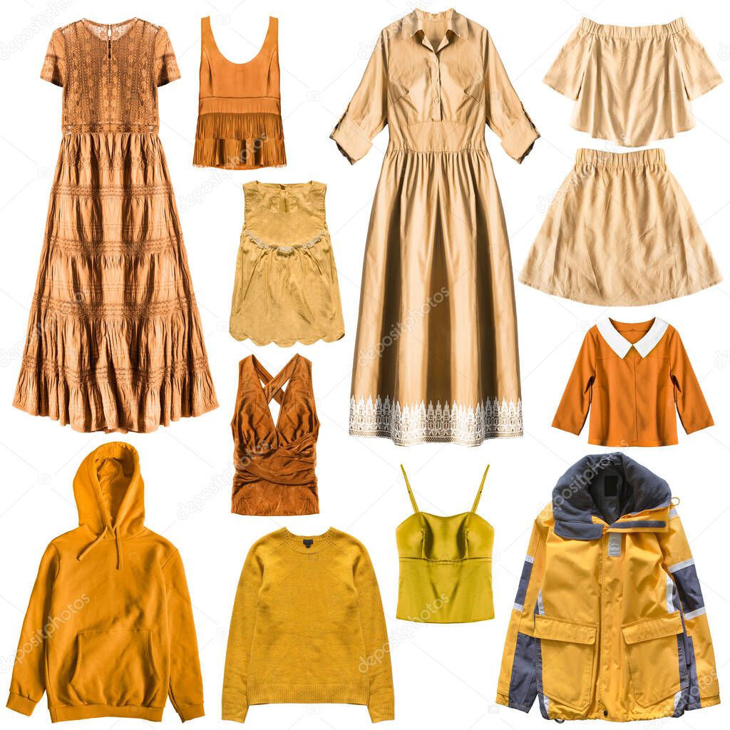 Collection of yellow clothes isolated over white
