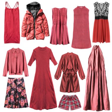 Collection of red woman's clothing isolated over white clipart