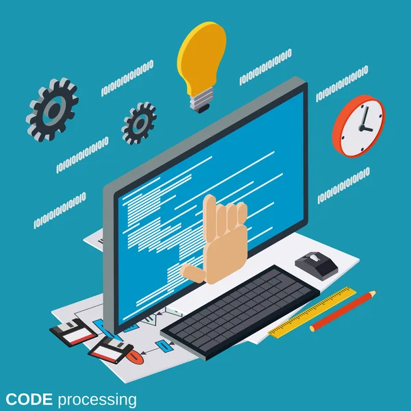 Procesamiento de código, codificación de programa, concepto de vector de optimización de algoritmos — Archivo Imágenes Vectoriales