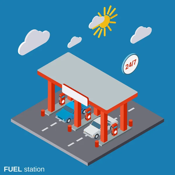 Estación de combustible plana 3d vector isométrico ilustración — Archivo Imágenes Vectoriales