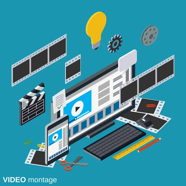 Produção de vídeo, edição, conceito de vetor de montagem — Vetor de Stock