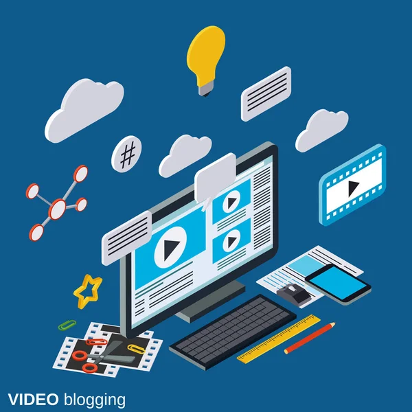 Video blogging plano 3d concepto de vector isométrico — Archivo Imágenes Vectoriales