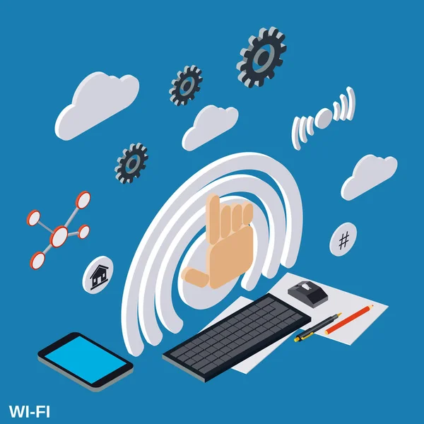 Wi-Fi-vel, síkképernyős 3d izometrikus vector koncepció — Stock Vector