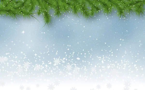 クリスマスと新年星 雪の結晶とモミの木の枝の境界線とぼやけたベクトルの背景 — ストックベクタ