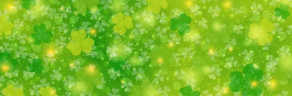 Patrick Day Modello Banner Vettoriale Fondo Sfocato Verde Con Foglie — Vettoriale Stock