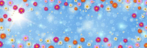 Federbanner Vektor Design Vorlage Blauer Himmel Hintergrund Mit Blumen Und — Stockvektor