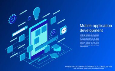 Mobile application development, program coding flat 3d isometric vector concept illustration clipart svg vector 