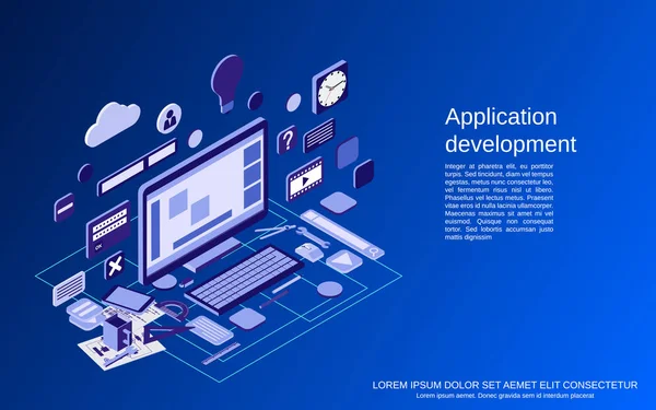 Uygulama geliştirme, SEO süreci, algoritma optimizasyonu, web sitesi inşaatı 3d izometrik vektör çizimi