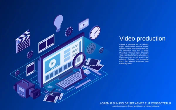 Ilustrasi Konsep Vektor Isometrik Flat Produksi Video - Stok Vektor