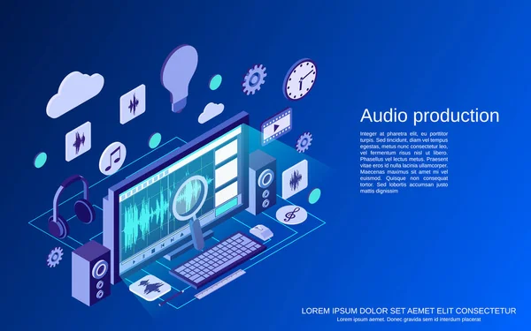 Producción Audio Montaje Plano Vector Isométrico Concepto Ilustración — Vector de stock