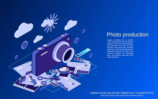 Photo Production Montage Editing Flat Isometric Vector Concept Illustration — Stock Vector