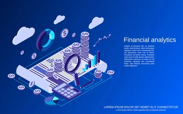 Analizy Finansowe Sprawozdanie Działalności Statystyka Płasko Izometryczny Wektor Ilustracja Koncepcja — Wektor stockowy