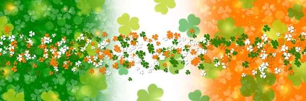 圣帕特里克日矢量旗帜模板 爱尔兰国旗的背景模糊不清 有三叶草和防波堤的效果 — 图库矢量图片