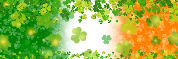 聖パトリックの日のベクトルバナーテンプレート クローバーの葉とボケの効果でアイルランド国旗がぼやけている — ストックベクタ