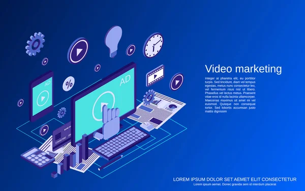 Video Marketing Werbung Promotion Flache Isometrische Vektor Konzept Illustration — Stockvektor