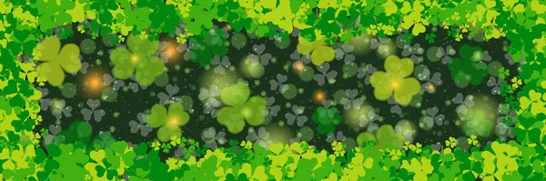 聖パトリックの日のベクトルバナーテンプレート 緑の背景にクローバーの葉とボケの効果 — ストックベクタ