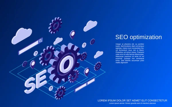 Proces Optymalizacji Seo Przetwarzanie Informacji Wyszukiwarka Płasko Izometryczny Wektor Ilustracja — Wektor stockowy